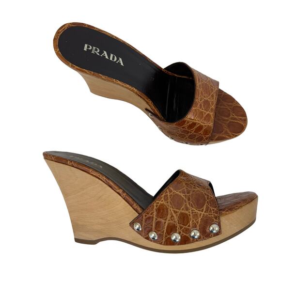 Prada Wedge Platform Clogs Heels Cognac Croc Leather Open-Toe Brown 38 (US 8) - Picture 1 of 13